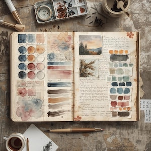 Vintage artist swatchbook printable page with watercolor color charts, landscape painting and antique junk journal details