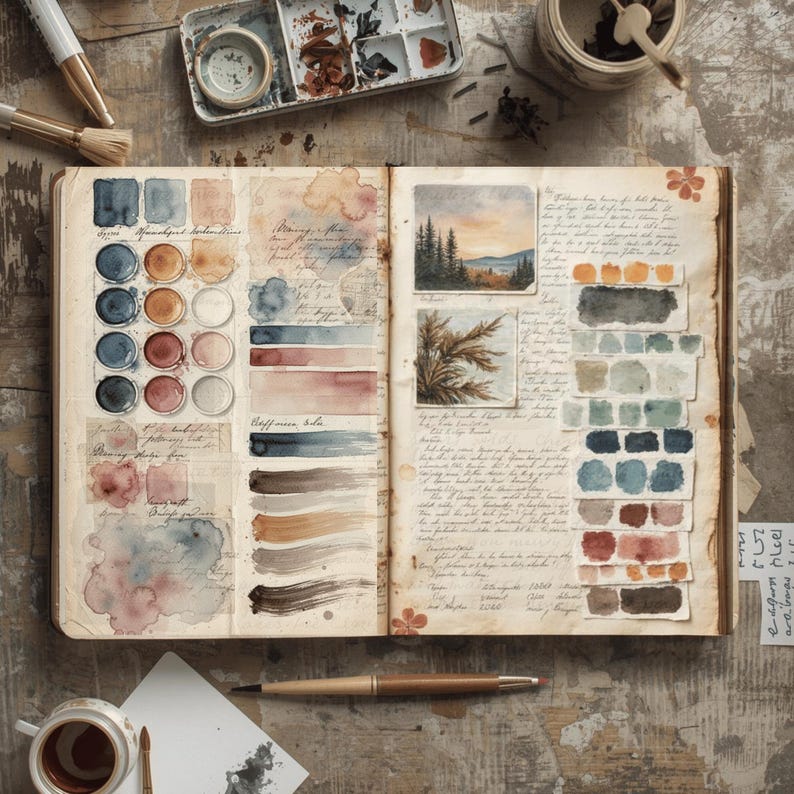 Vintage artist swatchbook printable page with watercolor color charts, landscape painting and antique junk journal details