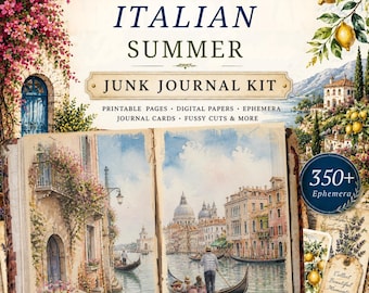 Zestaw do dziennika „Italian Summer Junk Journal Ephemera Kit”: cyfrowy papier akwarelowy do dziennika
