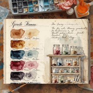 French-inspired watercolor swatchbook page with hand-painted pigments, artist cabinet illustration and vintage handwritten notes