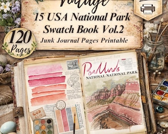 Książka z próbkami akwareli w stylu vintage do wydrukowania w dzienniku podróży: Obraz pejzażowy z parku narodowego USA (pobierz plik PDF)
