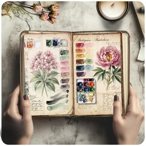Printable botanical watercolor palette page for handmade journal
