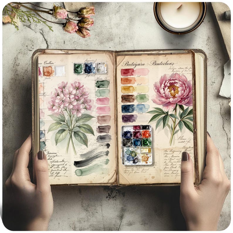 Printable botanical watercolor palette page for handmade journal