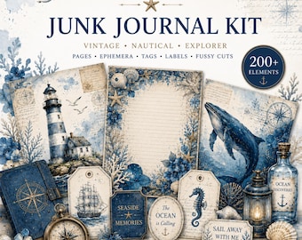 Zestaw do dziennika „Deep Blue Sea Junk Journal”: marynistyczne pamiątki, nadmorskie papiery do scrapbookingu (do druku w formacie PDF)