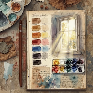 Vintage junk journal printable page with watercolor paint swatches, artist supplies and a softly painted window illustration