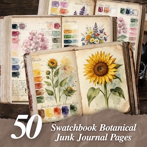 Botanical watercolor swatch book junk journal pages printable with vintage watercolor palette and floral painting studies