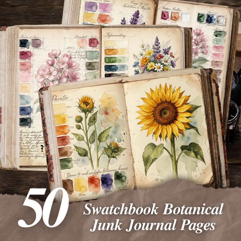 Botanical watercolor swatch book junk journal pages printable with vintage watercolor palette and floral painting studies
