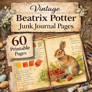 May include: Vintage Beatrix Potter junk journal pages with 60 printable pages. The open journal features a watercolor illustration of a rabbit with a basket of strawberries. The image has a rustic, antique aesthetic with handwritten notes.