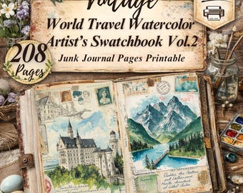 Strony dziennika World Travel Junk, książka z próbkami akwareli do druku, wersja cyfrowa do pobrania