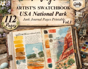 Vintage Aquarell USA Nationalpark Swatch Book Junk Journal Seiten zum Ausdrucken (PDF Download)