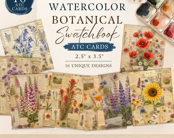Botanical Wildflower ATC Cards :  Vintage Watercolor Artist's Swatch Book ,  Art Journal Printables