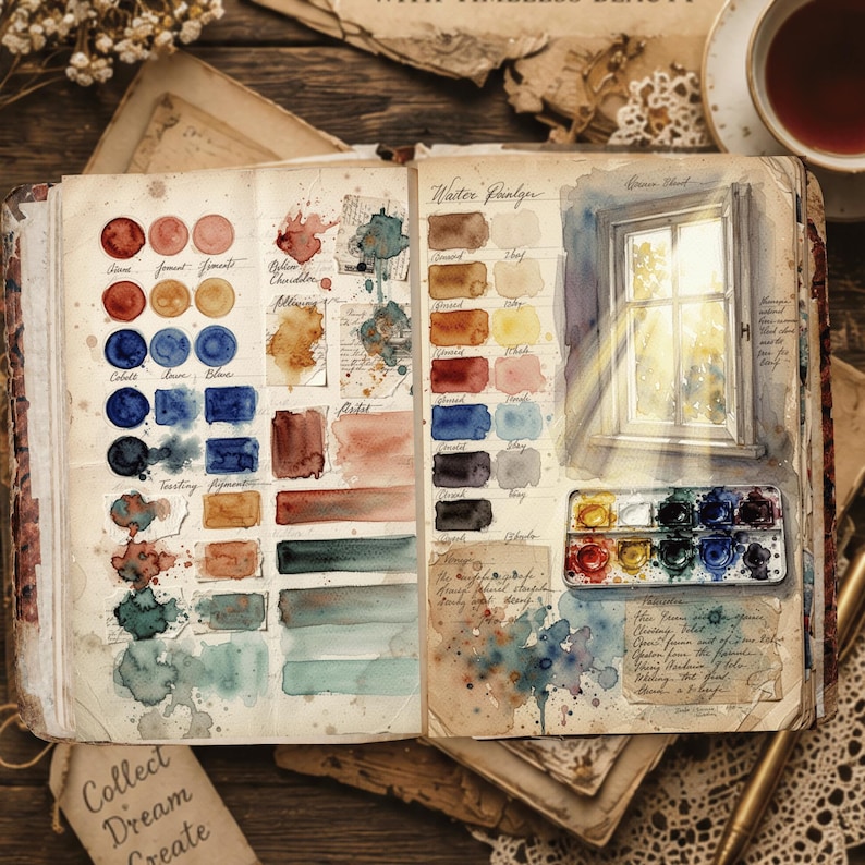 Vintage watercolor journal spread with colorful paint swatches, artist palette, window illustration and antique paper texture