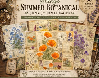 Strony dziennika „Botanical Art Watercolor Junk Journal”: Dziennik „Vintage Wildflower” do druku (pobierz plik PDF)
