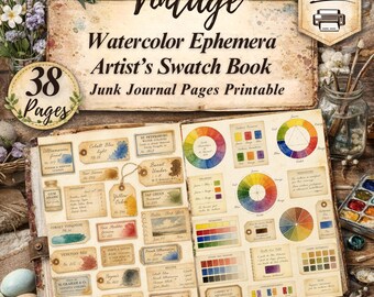 Artist Color Swatchbook Ephemera Kit : Watercolor Paint Palette Junk Journal Pages (Digital Download)