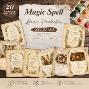 May include: A collection of 20 printable ATC cards measuring 2.5 inches by 3.5 inches, featuring Magic Spell Home Protection themes. Each card displays unique illustrations of herbs, keys, and fireplaces with text on aged, parchment-style paper.