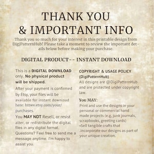 K&ouml;nnte beinhalten: Ein digitaler Download-Hinweis mit dem Text "THANK YOU & IMPORTANT INFO". Der Text beschreibt das digitale Produkt, die Urheberrechte und die Nutzungsbedingungen. Es wird angegeben, dass nach dem Kauf kein physisches Produkt versendet wird.