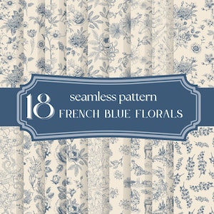 Vintage Blue Chinoiserie Floral Seamless Patterns -French Toile Floral Patterns, Junk Journal Digital Papers, Toile de Jouy Seamless Pattern