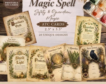 Karty ATC do druku: Bezpieczeństwo i Opieka nad Magicznymi Zaklęciami: Zestaw do Dziennika Ephemera Vintage Witch Library