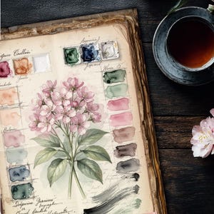 Botanical watercolor painting swatch book printable junk journal page