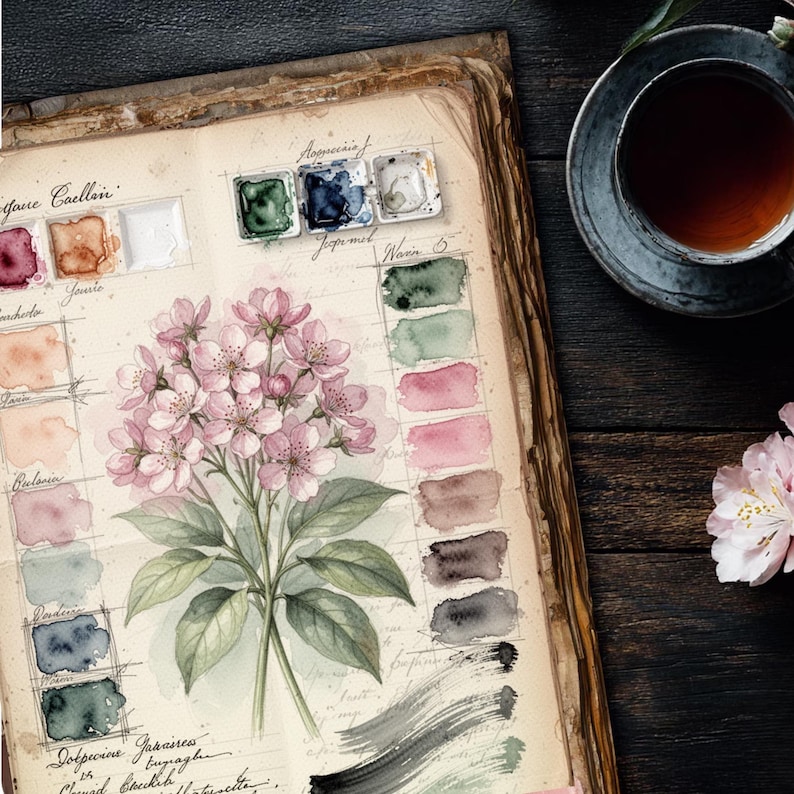 Botanical watercolor painting swatch book printable junk journal page