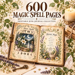 Può includere: Un libro aperto intitolato 600 Magic Spell Pages Printable Junk Journal Collection. La pagina sinistra presenta Moon Spells con fasi lunari e un paesaggio notturno. La pagina destra mostra Herbal Magic con un mortaio e decorazioni floreali.