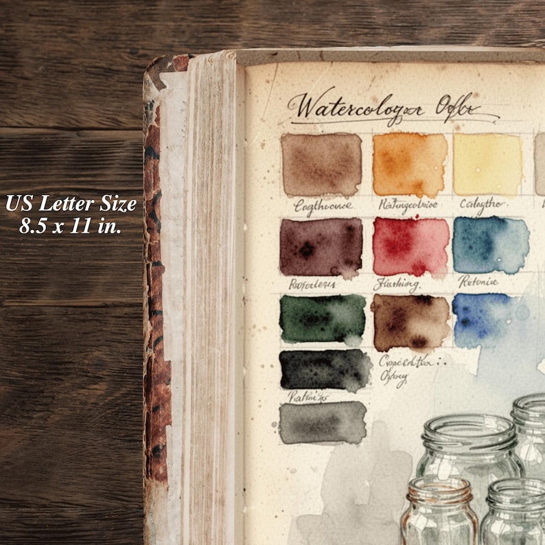 US Letter watercolor swatch book printable page with hand-painted color samples, glass jars and vintage artist journal style