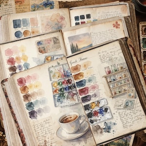 Watercolor junk journal pages with hand-painted color swatches, artist studio illustrations and antique collage elements