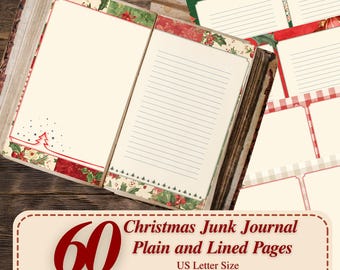 Op de afbeelding: Een open kerst-junk journal met 60 blanco en gelinieerde pagina's. Het journal heeft een feestelijk ontwerp met rode en groene accenten, waaronder hulst- en kerstboomillustraties. De tekst op de afbeelding luidt "Christmas Junk Journal Plain and Lined Pages".