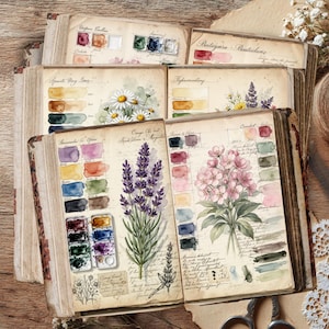 Botanical watercolor swatch book junk journal pages printable set preview