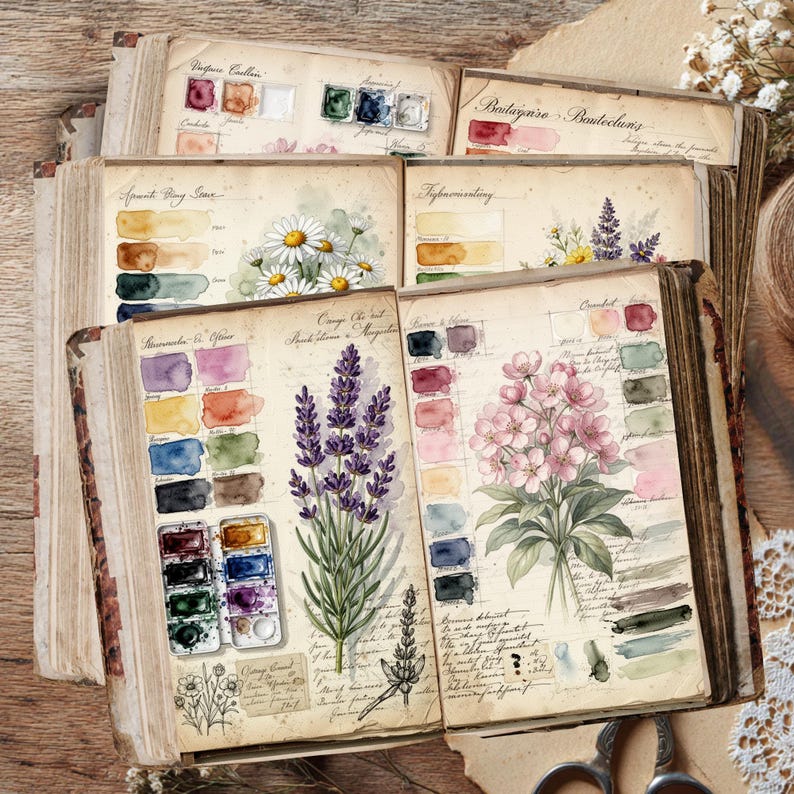 Botanical watercolor swatch book junk journal pages printable set preview
