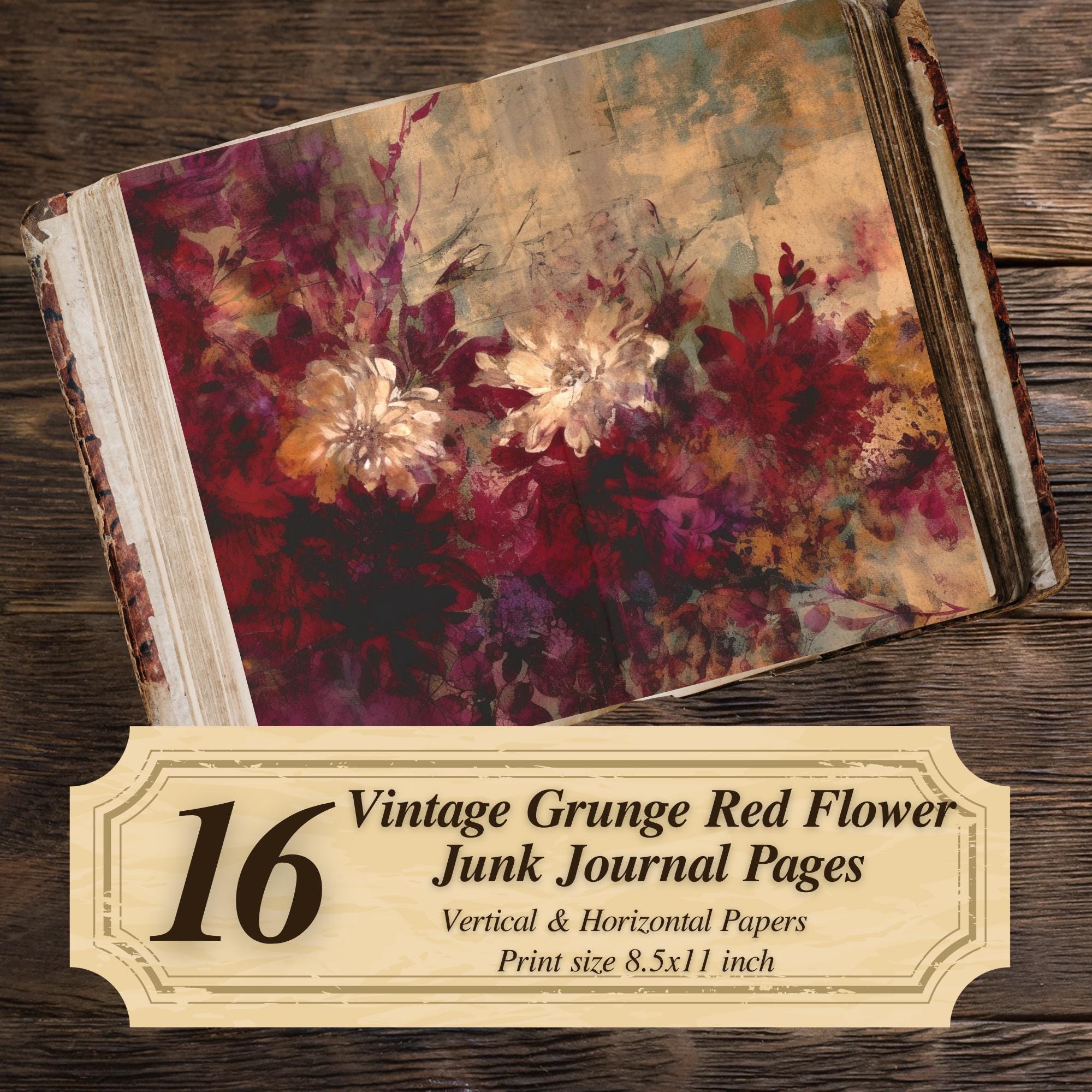 Red Flower Grunge Junk Journal Pages Printable : Vintage Floral PDF ...