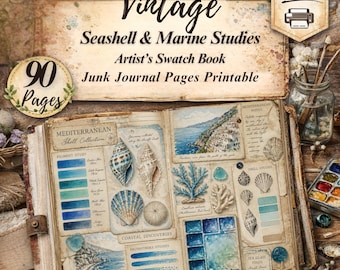 Strony dziennika Vintage Seashell Marine Junk: Książka z próbkami akwareli Vintage do druku
