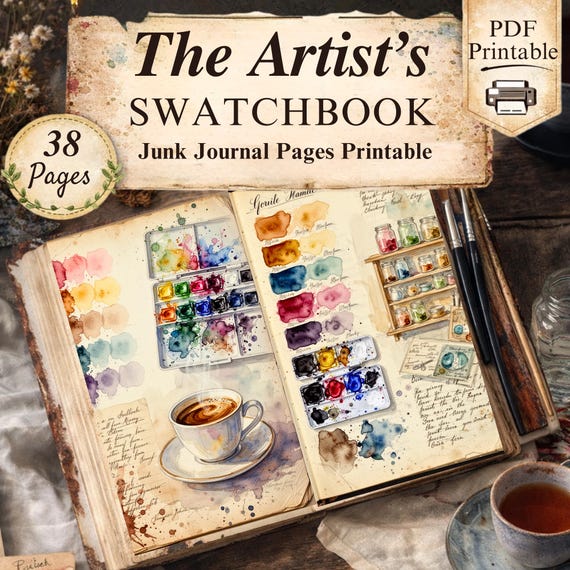 Watercolor Swatchbook Junk Journal Pages : Vintage Art Printable Paper Crafts (PDF Download)