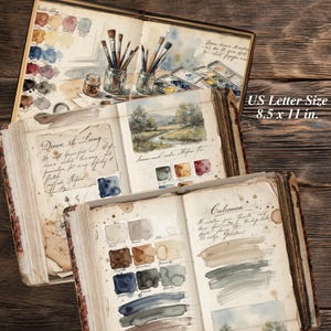 US Letter artist swatchbook pages with watercolor palettes, painting tools and vintage junk journal artwork