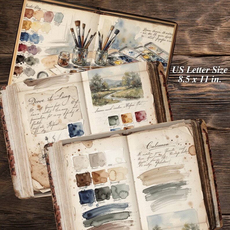 US Letter artist swatchbook pages with watercolor palettes, painting tools and vintage junk journal artwork