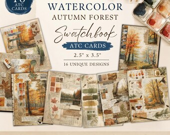 Cozy Autumn Forest ATC Cards : Vintage Watercolor Artist's Swatch Book, Junk Journaling Supplies