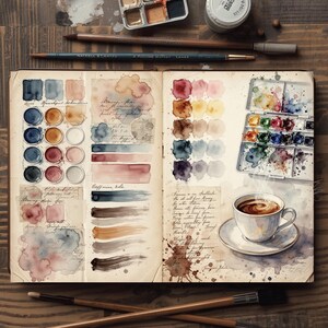 Printable watercolor swatchbook page featuring color charts, art supplies, coffee cup and vintage artist sketchbook style
