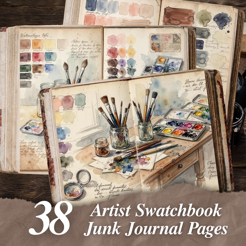 Watercolor swatch book junk journal pages printable featuring vintage art palette and landscape painting