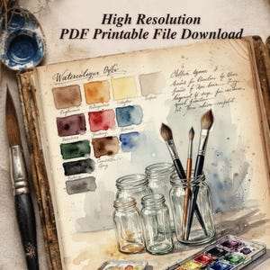 PDF printable artist swatchbook page with watercolor samples, paintbrushes and glass jars on aged paper