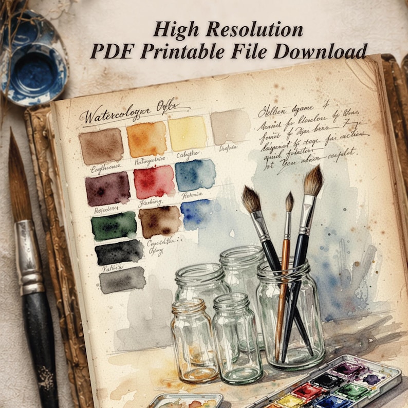PDF printable artist swatchbook page with watercolor samples, paintbrushes and glass jars on aged paper