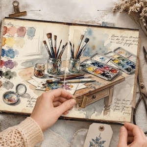 Watercolor artist junk journal page featuring a creative workspace, paintbrushes, palettes and vintage hand-painted details