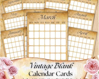 May include: A collection of vintage-style blank calendar cards, featuring months from January to December. Each card has a beige background with a grid for dates. The cards are arranged with a banner that reads "Vintage Blank Calendar Cards". The cards measure 5 x 7 inches and 4.5 x 3.15 inches.
