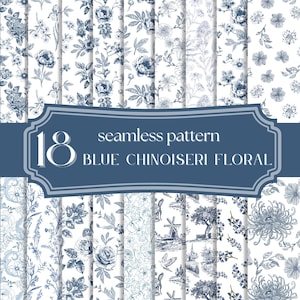 Blue Chinoiserie Floral Seamless Patterns - French Toile Floral Patterns - Junk Journal Digital Papers - Toile de Jouy Seamless Pattern