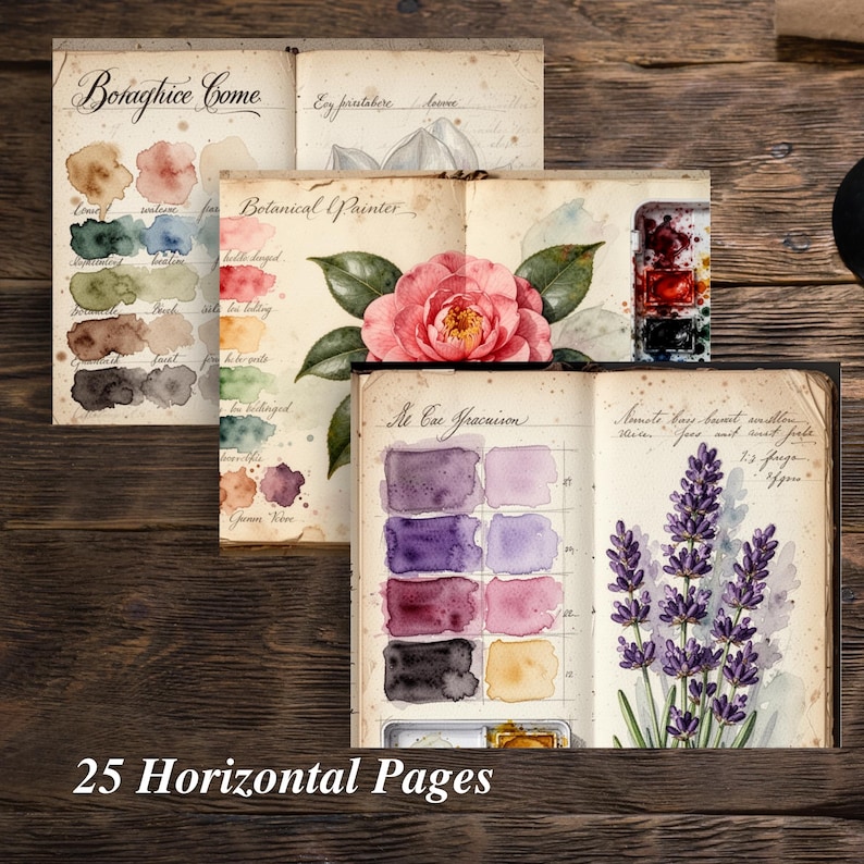 Botanical watercolor painting study pages printable for junk journal and art journal