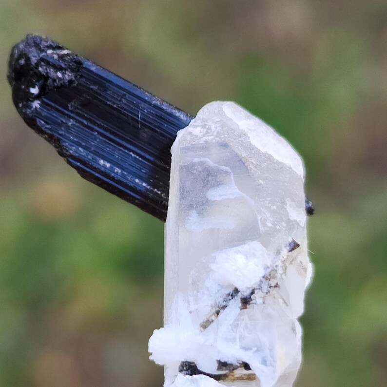 May include: A black tourmaline crystal point with a clear quartz crystal point attached to it. The crystals are both pointed and have a natural, rough texture.