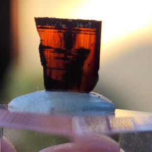 Puede incluir: Un fragmento de cristal translúcido de color ámbar con inclusiones oscuras, apoyado sobre una superficie azul claro. Los bordes del cristal son ásperos y la luz lo atraviesa, creando un brillo cálido. Probablemente una gema o un espécimen mineral.