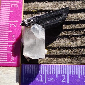 May include: A clear quartz crystal with a black tourmaline point attached. The crystal is approximately 2 cm long and is sitting on a wooden surface.