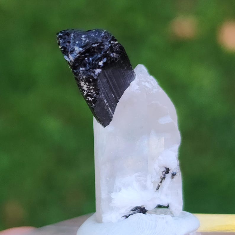 May include: A black tourmaline crystal point atop a clear quartz crystal. The crystals are on a white display stand.