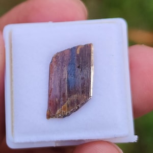 May include: A dark brown and gold crystal with a rectangular shape, displayed in a white box.