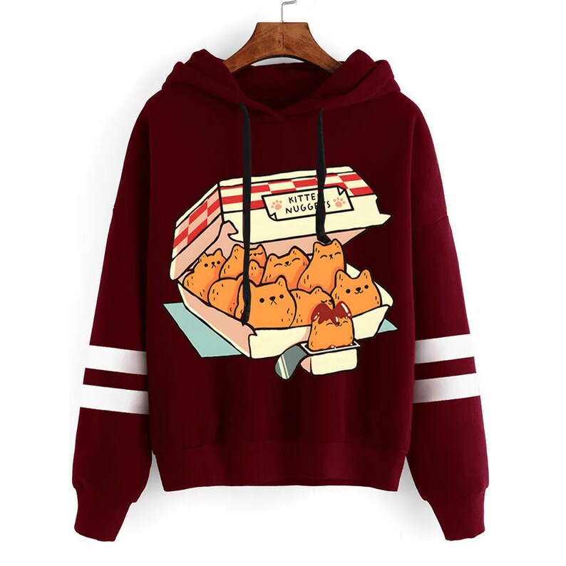 Comfortable hoodie with kitten nuggets graphic and sleeve stripes
